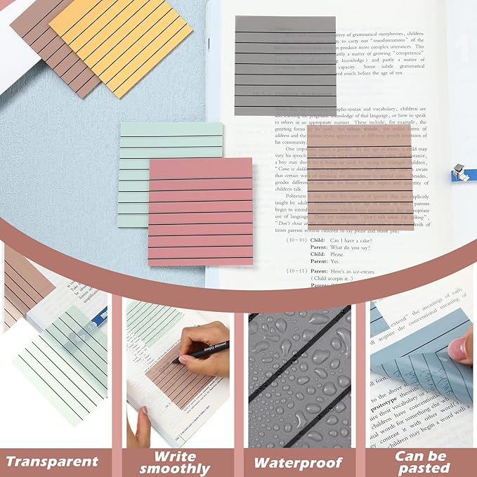 Yinder 24 Pack 720 Sheets Transparent Sticky Notes Translucent Clear Lined Self Sticky Notes for Bible Tabs, Book Tabs, Office School Supplies(3 x 3 Inch,Pastel Colors)