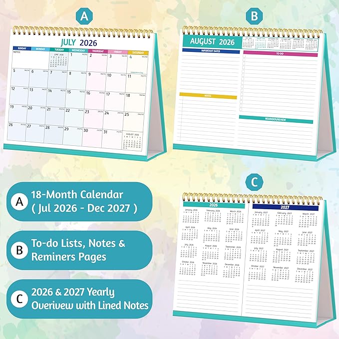 Desk Calendar 2026-2027 - Standing Flip Desktop Calendar 2026-2027, 18 Months Jul 2026 - Dec 2027, 10" x 8", Large with Notes, To-Do, Yearly Overview, Thick Paper, Great for Easy Planning - Multicolor