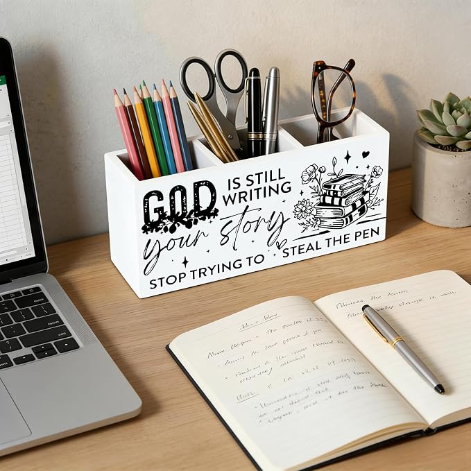 Christian Floral Book Wooden Pen Holder for Desk, God Is Still Writing Your Story Bible Verse Religious Pencil Organizer Wooden Box Sign for Home Office Girls Bedroom Decoration