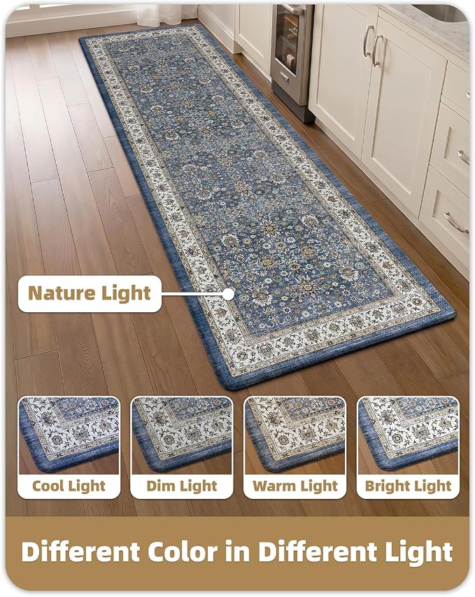 Color&Geometry Kitchen Floor Mat 24x87 Faded Vintage Anti Fatigue, Blue | 0.4in Cushion Standing Mat For Cooking/Working/Laundry, Boho Decor, Non Slip PVC Kitchen Rug, Oil/Water Proof, Anti Slip