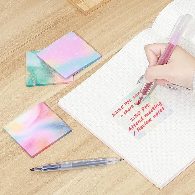 BAYTORY 200 Sheets Transparent Sticky Notes, 6Pcs Double-Ended Colored Marker Pen, 3 x 3 Glitter Clear Sticky Notes, Waterproof Self-Stick Note, Easy to Post for Note Taking (Morandi)