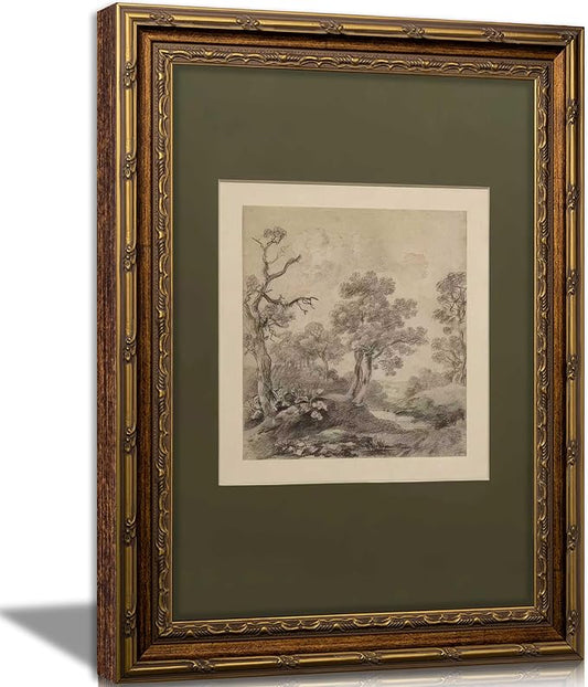 Vintage Gold Framed Wall Art Tree Forest Landscape Painting Canvas Prints Green Gray Tree Natural Sketch Picture Rustic Farmhouse Poster Artwork for Living Room Bedroom Bathroom, 12x16in