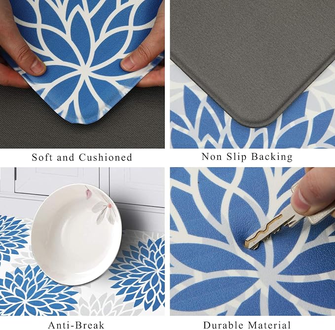 HEBE Anti Fatigue Kitchen Rugs Set of 2, Cushioned Kitchen Mats for Floor | Non Slip Washable Kitchen Runner Rug Set, Floral Stain Resistant Waterproof Comfort Mat Carpet for Sink, Standing Desk