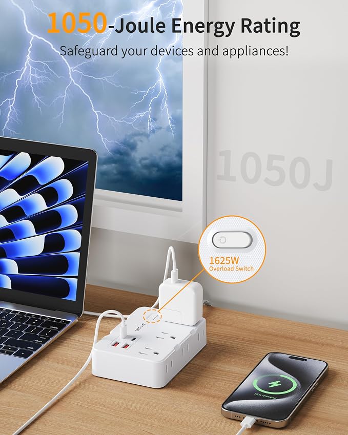 DEPOW 2 Prong to 3 Prong Adapter Power Strip, 10 FT Extension Cord with 6 Outlets & 4 USB Ports (2 USB-C), 1050J Two Prong Surge Protector, Wall Mount - Ideal for Old Houses