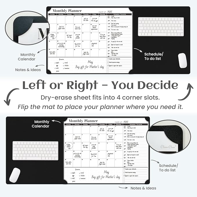 Multi-Functional Dual-Layer Dry Erase Desk Mat, Dry Erase Calendar for Desk - Erasable Desktop Writing Board with Calendar - Non-Slip Faux Leather Desk Protector for Home&Office - 16"x34" Black