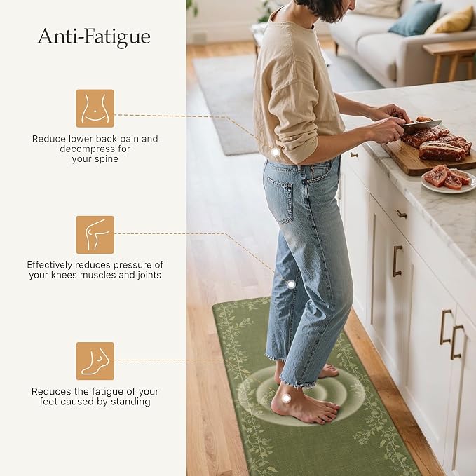 GENIMO Anti Fatigue Kitchen Mats for Floor 2PCS, Cushioned Standing Mats | 17.3"x59"&17.3"x30", Soft Green vintage floral rug set, waterproof, non slip, easy-clean for farmhouse