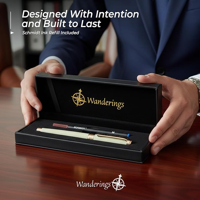 WANDERINGS Premium Ballpoint Pen with German Ink – Perfectly Balanced for a Superb Writing Experience, 24K Gold Plated Green Soft Sage Green- Includes a Schmidt Refill in a Giftable Presentation Case