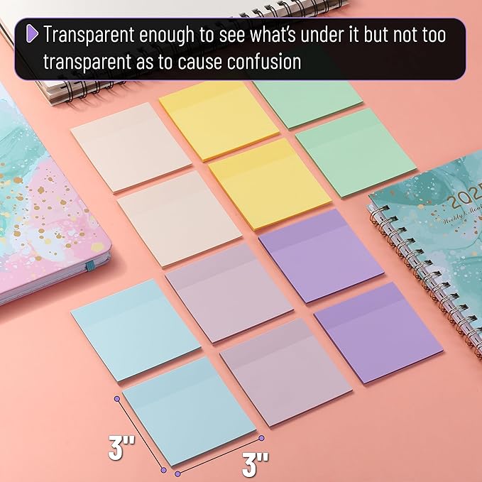 Mr. Pen- Transparent Sticky Notes, 3”x3”, Morandi Colors, 12 Pads, 600 Sheets, Bible Journaling Sticky Notes, See Through Sticky Notes, Translucent Sticky Notes, Stocky Notes for Bible Journaling