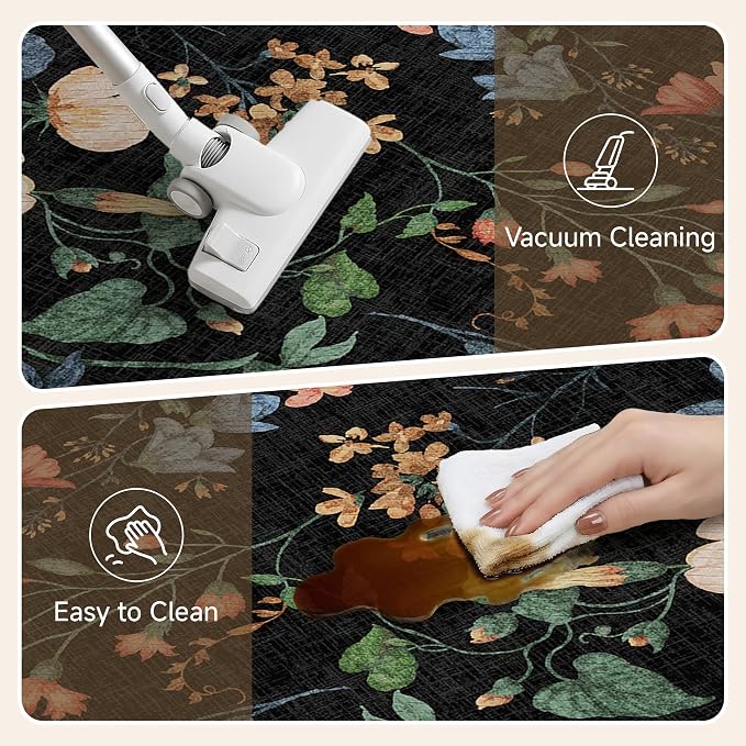 PureCozy Kitchen Mats 2PCS Anti Fatigue Cushioned Mat Non Slip Floral Boho Kitchen Mats for Floor Waterproof Comfort Standing Black Rug for Sink Laundry Office Desk 17.3"x47"+17.3"x30"