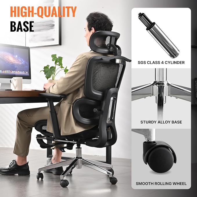 Ergonomic Office Chair, Home Mesh Desk Computer Chair, Comfortable Gaming Chair with Footrest, Wheels, Adjustable 2D Headrest, Lumbar Support, High Back and 3D Armrest, Black