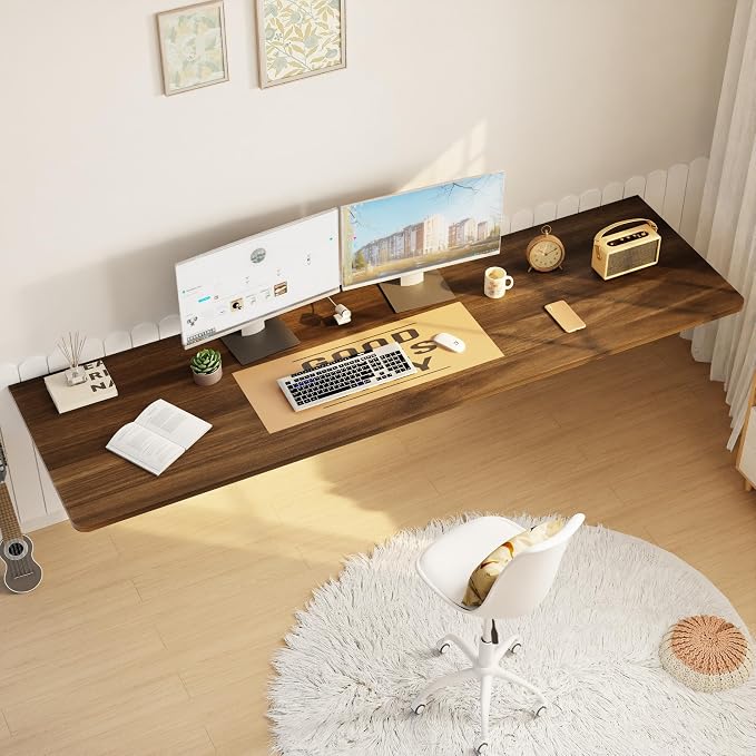 IAE Wall Mounted Floating Foldable Desk 72" x 22" Folding Computer Workstation Table with Engineered Wood and Metal Shelf Brackets,Fold&Floating Design for Home Office, Apartment,Laundry Room,Walnut