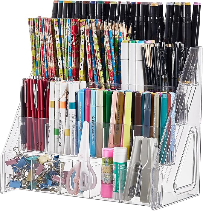 Acrylic Pen Pencil Holder for Desk With 20 Compartment Desk Organizers and Accessories,Durable Material Can Hold Pen Brush Cosmetic Scissor Clip Tape staplers Fit Home Office School(4 Tier)