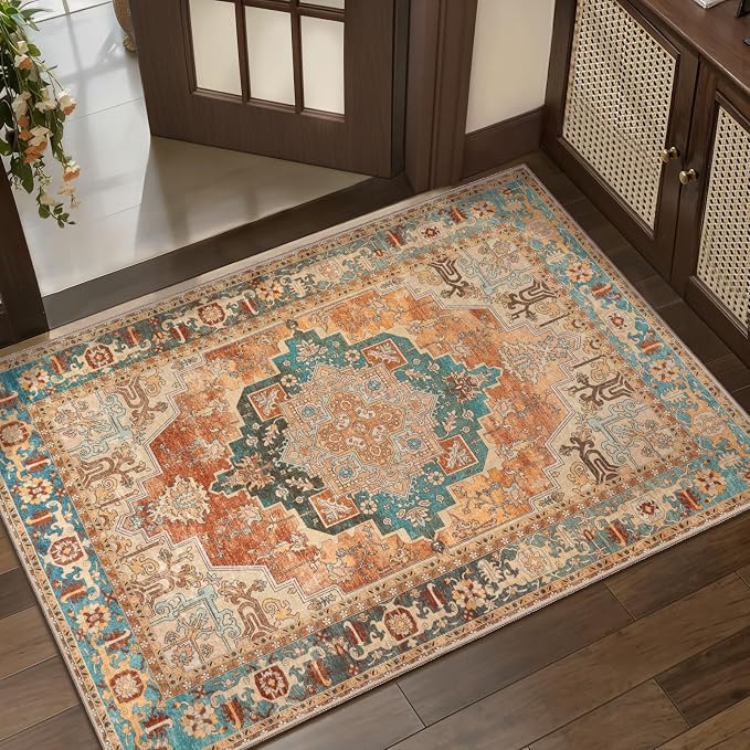 Tangsoo 2x3 Small Rug for Entryway, Washable Rugs Vintage Non Slip Small Area Rug, Indoor Front Door Rug, Print Distressed Door Mat Carpet, Soft Low Pile Rugs for Entry Entrance Kitchen Bedroom
