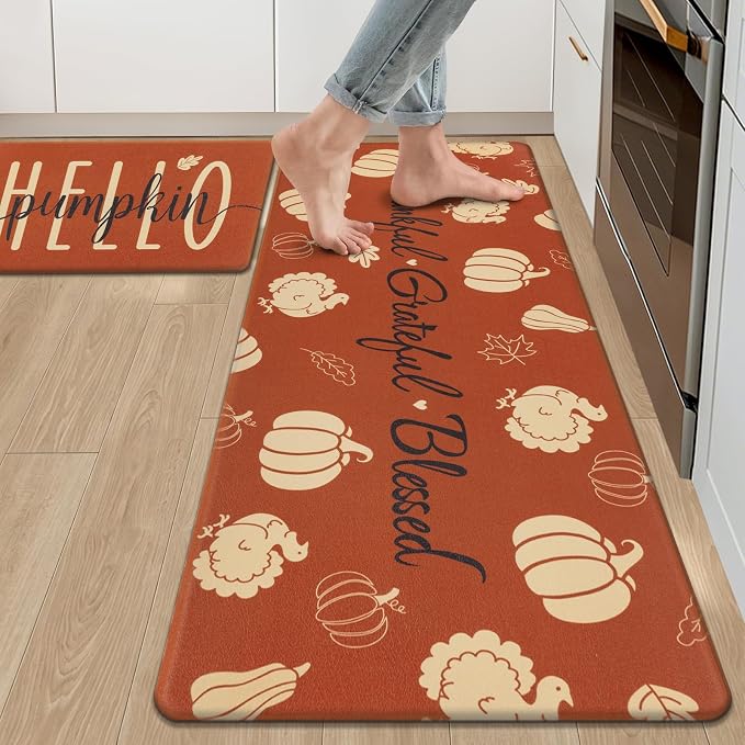 Ileading Fall Kitchen Mats Anti Fatigue, Pumpkin Kitchen Rugs Sets of 2 | Cushioned Non Slip Autumn Kitchen Mats for Floor, Waterproof Padded Floor Carpet for Harvest Thanksgiving