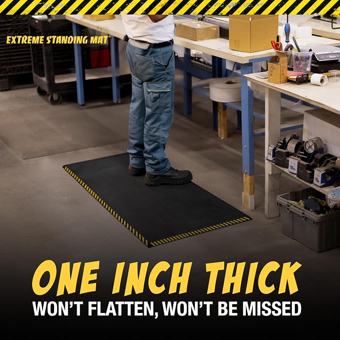 3’ x 5’ Black 1” Thick | Anti Fatigue Mats for Standing | Industrial Antifatigue Mat with Safety Stripes | Anti Fatigue Mat for Work & Workplace