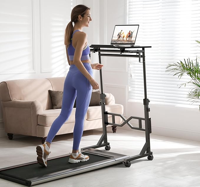 Small Standing Desk with Wheels, 29.5-45.3 Inch Adjustable Height, Portable Treadmill Desk, Rolling Computer Table for Walking Pad with a Cup Holder and a Hook