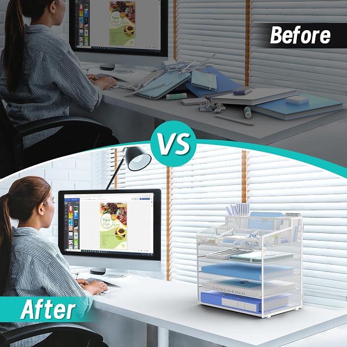 5 Tier Mesh Paper Desk Organizer with Pen Holders, White | Features 3 pen holders, and 5 adjustable compartments for office school home desk storage