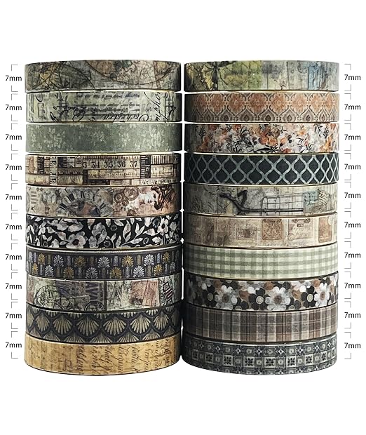 Vintage Skinny Floral Washi Tape Set 20 Rolls -Retro Antique Patterns Masking Thin Basic Decorative Tapes for Arts, DIY Crafts, Bullet Journal, Planner, Scrapbook Decor, Gift Wrapping, Junk Journal