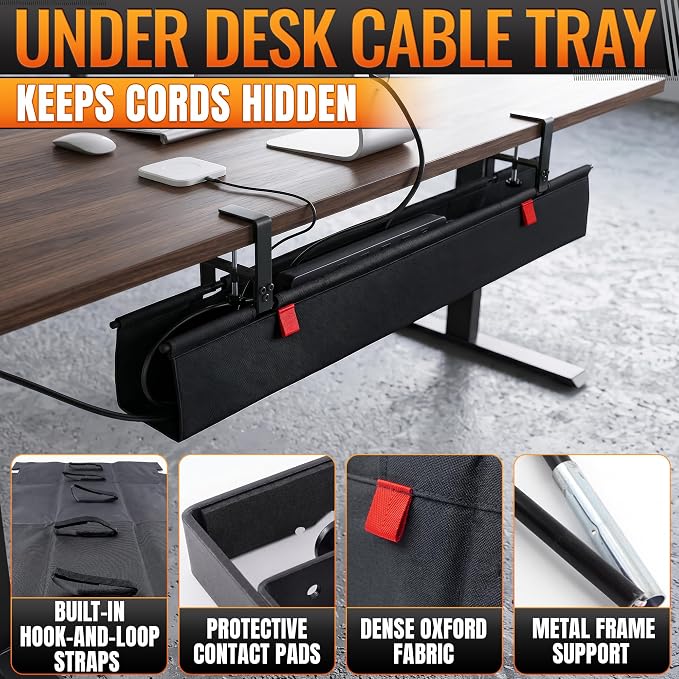 Under Desk Cable Management Tray 36" — No Drill Clamp-On Cord Organizer for Desk with Built-in Ties, Heavy Duty Metal Clamp, Foldable 600D Oxford Fabric for Home Office, WFH & Gaming PC Setup (Black)