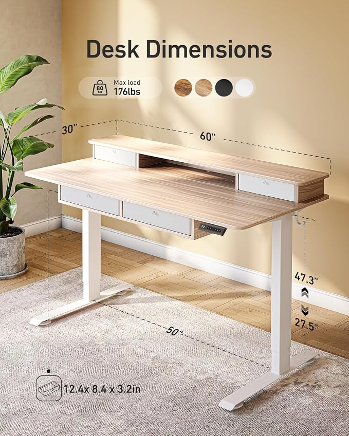 CubiCubi 60" x 30" Standing Desk with Drawers, Height Adjustable Electric Workstation, Computer Sit Stand Up Table with Large Storage Shelf 4 Drawers and 2 Hooks, Light Rustic Brown
