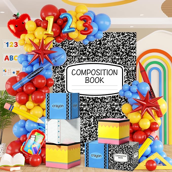 Back To School Decorations, Back to School Balloon Arch Kit with Composition Notebook Classroom Decor Backdrop Abc Boxes and Inflatable Pencils and Crayons for First Day of School Party Supplies