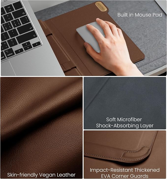 Nillkin 14 inch Laptop Sleeve with Handle (4-in-1), 2 Stand Modes, Slim Laptop Case with Adjustable Stand & Mouse Pad, MacBook Air 13 inch Case for Samsung/Surface/HP/Chromebook/Dell 12-14‘’, Brown ﻿