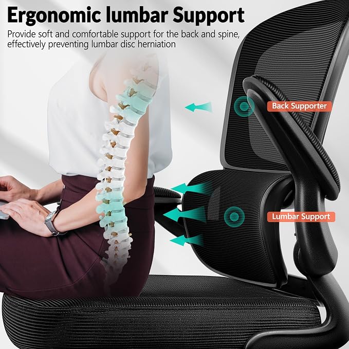 BESTFAIR Ergonomic Mesh Office Chair, Breathable Mesh Computer Desk Chair, Adjustable Lumbar Support, Flip-up Armrests, Executive Swivel Chair for Home Office, Black Pack of 2
