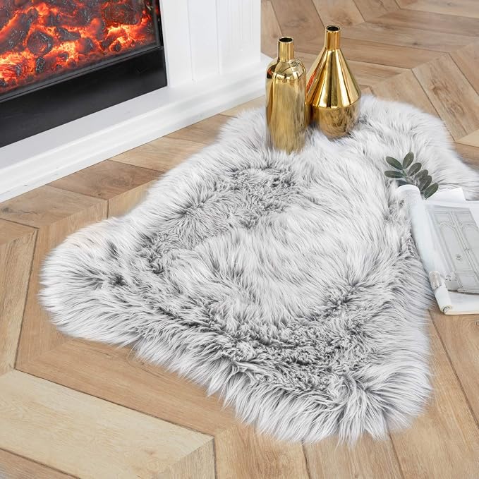 Ashler Faux Fur Rug, Fluffy Shaggy Ultra Soft 2 x 3 Feet Sheepskin Fur Rug, Frosted Bottom Gray Fuzzy Machine Washable Shag, Nursery Decor Throw Rugs for Bedroom, Living Room