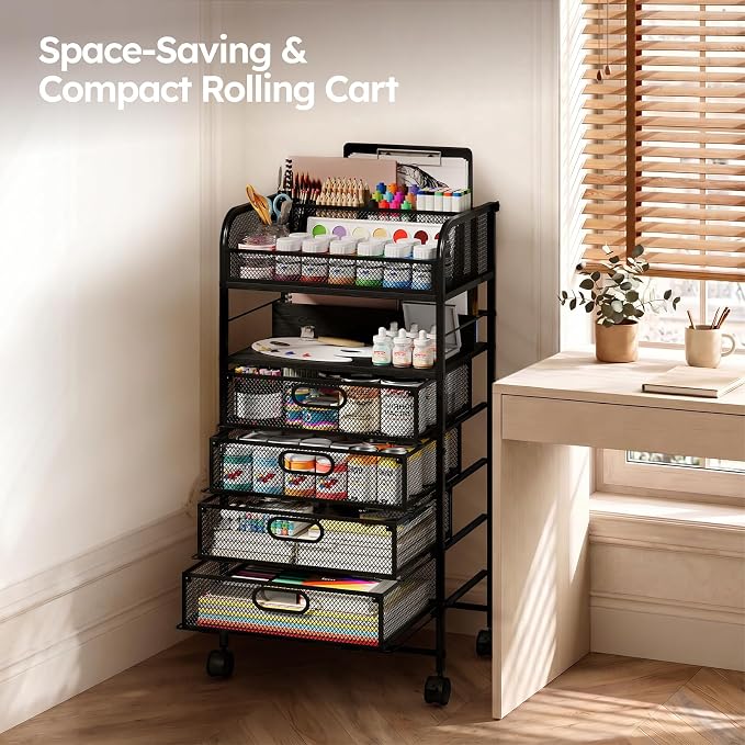 Rolling Art Cart with 4 Drawers, Black | Art Supplies Organizer, 5-Tier Storage, Adjustable Dividers, Anti-Pull Mesh Drawers, Metal Frame, 4 Casters with 2 Locks