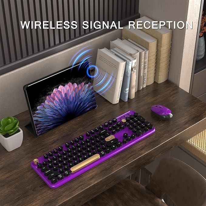 MPTOG Colorful Wireless Computer Keyboard and Mouse Combo with Round Typewriter Keycaps, Retro Design, Power Switch, Ergonomic Design, 2.4GHz Wireless for Windows, Mac, PC(Black-Purple)