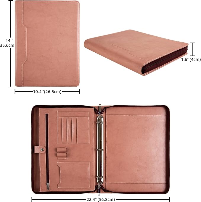 3-Ring Portfolio Padfolio for Women, Vegan Leather Binder, Pink, Zipper, Handmade Portfolio Organizer, Personalized for Lefty & Righty