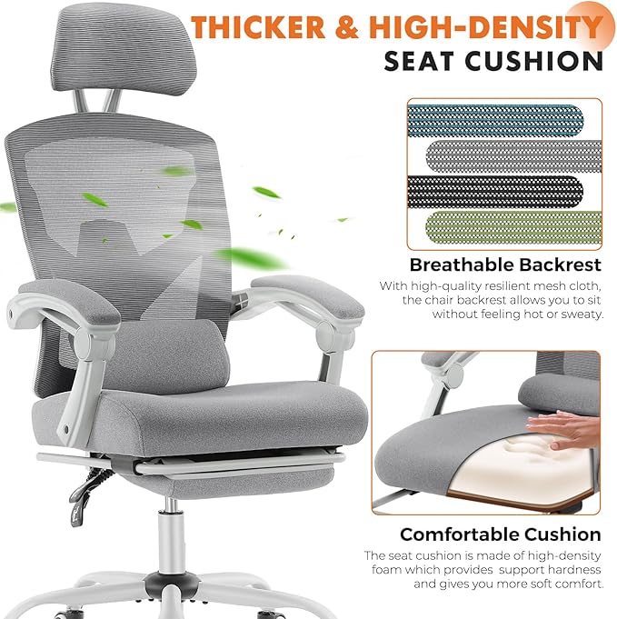 Sweetcrispy Office Computer Desk Chair Set of 2, Ergonomic High-Back Mesh Rolling Work Swivel Chairs with Wheels, Comfortable Lumbar Support, Comfy Arms for Home, Bedroom, Study, Student, Light Grey