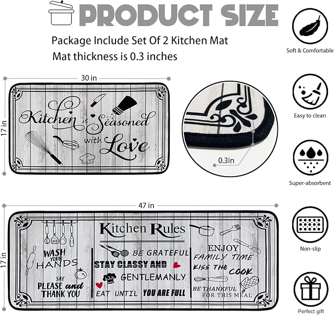Voanos Kitchen Rugs,Non Skid Washable Microfiber mats for Kitchen Floor, Vintage Farmhouse Kitchen Cushioned Runner Rug Decor Sets of 2,Size 17"x 47"+17"x 30"，Kitchen Rules White