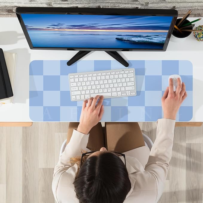 AFIING Light Blue Desk Mat 31.5" x 12", Waterproof PU Leather Desk Pad | Non-Slip Rubber Base, Easy Clean Surface, Desk Protection, Office & Home