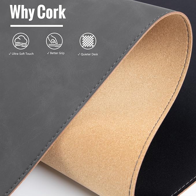 HAUTOCO Cork Desk Mat 31.5"x15.7", Distressed PU Leather & Cloth Desk Pad | Waterproof, Non-Slip, Stitched Edges, Black Large Gaming Mouse Pad, Laptop Blotter & Desk Protector for Office and Home