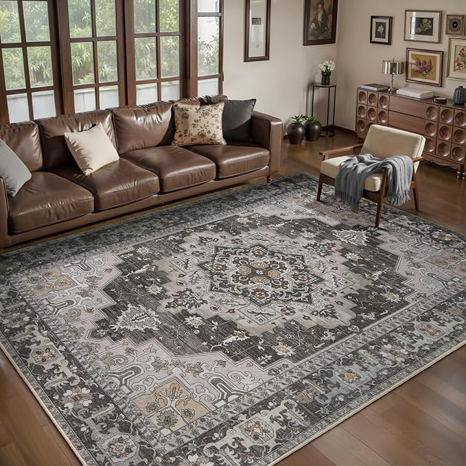 Tangsoo 8x10 Area Rug for Living Room, Washable Vintage Rugs Indoor Boho Non Slip Large Area Rugs, Oriental Print Carpet, Soft Low Pile Rug Foldable Floor Rug for Bedroom Dining Room Grey/Taupe