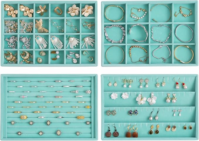 Jewelry Trays for Drawer,Set of 4 Jewelry Organizer and Storage | Velvet Material,Stackable,Adjustable Dividers,Drawer Inserts for Rings Studs Bracelet,Earring Organizer for Women Girls
