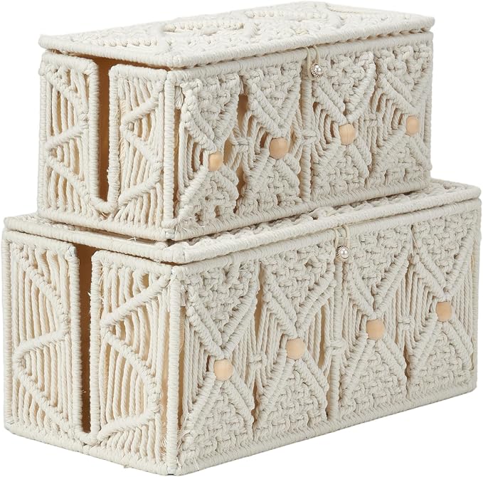 2PCS Cable Management Box Handmade Macrame Cord Organizer Basket | Power Strips Outlet Storage Router TV Wire Hider Cover Under Desk Natural Cotton Rope Woven, w/ Lid, Off White, Large&Medium