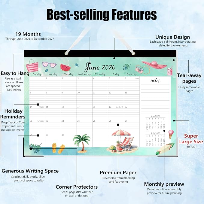 GuassLee Extra Large Desk Calendar 2026-2027 - 19 Months 20" x 30" Jumbo Desk Calendar from Jun. 2026 to Dec. 2027, Large Monthly Planner with Watercolor Design for Office School Home Organizing