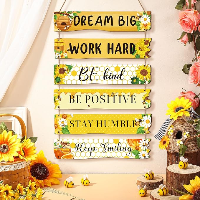 Blulu 6 Pcs Rustic Wall Hanging Plaque Sign Back to School Inspirational Wall Art Farmhouse Wooden Door Signs Positive Plaque with Quotes Motivational Quote Decor for Office Bedroom(Floral Style)
