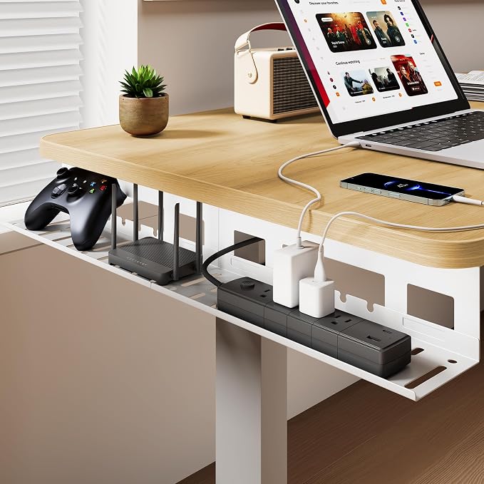 Under Desk Cable Management Tray, 31.5'' Screw-Mount Steel Rack | Metal Cord Organizer for Power Strips, Chargers, Reversible Installation, Effortless Wire Management for Home Office, White
