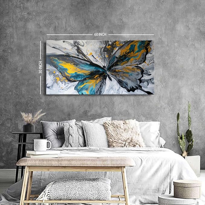 Abstract Butterfly Wall Art Teal Grey Yellow Butterfly Wall Decor Modern Marble Textured Canvas Poster Luxury Fluid Pictures Watercolor Neutral Artwork Living Room Bedroom Home Decoration 30x60"