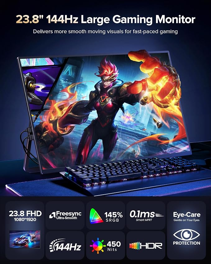 Newsoul 23.8'' Portable Monitor 144Hz Gaming Monitor, 145% sRGB | 2000:1 | FreeSync Built-in Adjustable Stand, Speaker and VESA, USB-C HDMI Large Second Screen for Laptop, Mac-Book, PC, Game Console