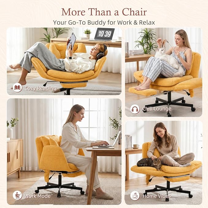 Criss Cross Office Chair with Footrest and 5-Gear Adjustable Arms, Yellow | Wide seat cross-legged desk chair, flip lumbar pillow, airbag support, linen fabric, for home office, vanity and meditation