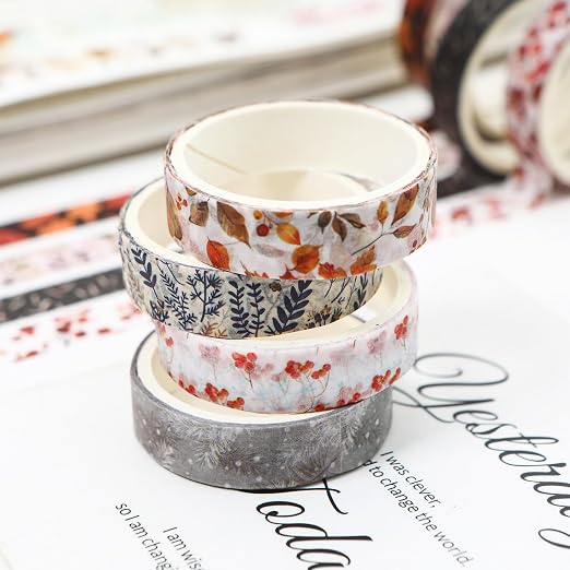Flowers Washi Tape Set 60 Rolls Leaves Patterns Decorative Skinny Snow Masking Tapes for Arts, DIY Crafts, Journals, Planners, Scrapbook, Wrapping (Winter)