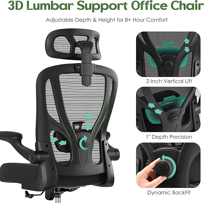 Office Chair Ergonomic Desk Chair - Mesh High Back Office Chair with Headrests Wheels Lumbar Support Home Desk Office Chairs Flip up Armrest Executive Rolling Computer Chair Black 10 Pack