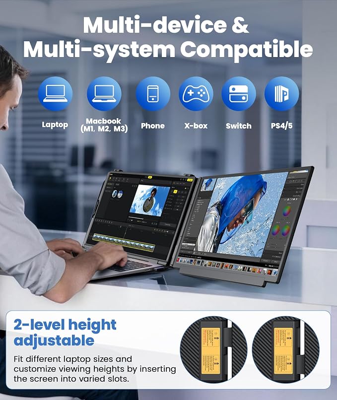 15.6" Detachable Laptop Screen Extender, Ultra-Light Portable Monitor, FHD 1080P Dual Monitor for 14"-17.3" Laptops, Plug & Play Travel Monitor, Compatible with Windows, Mac, ChromeOS, PS5