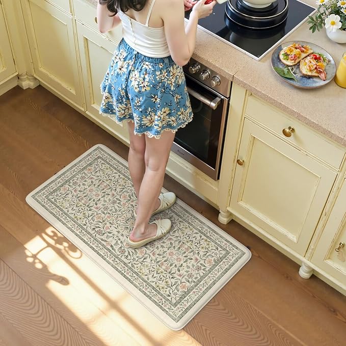 KIMODE Anti Fatigue Kitchen Mats for Floor, Boho Farmhouse Kitchen Rugs 20"x39", Non Slip Kitchen Mats for Floor, Padded Kitchen Floor Mats, Beige Rugs for Kitchen Floor Sink Laundry Office