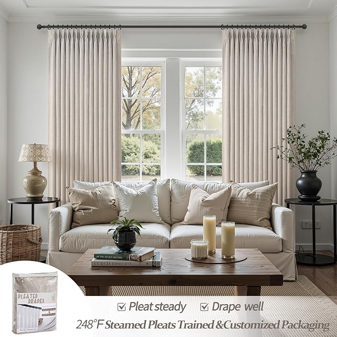 Blackout Linen Double Layer Classroom Curtains 86 Inches Long 2 Panels Set, Greyish Beige Memory Trained Pinch Pleat Insulated Soundproof Office Privacy Modern Windows Drapes with Back Tab 40W x 86L