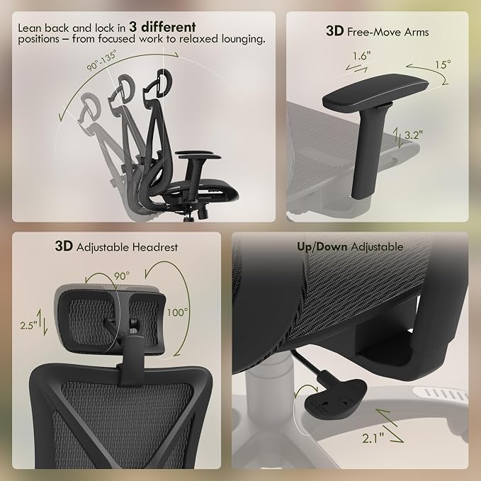 ELABEST T23 Ergonomic Mesh Office Chair, High Back Computer Desk Chair, Breathable AirMesh with Dual-Move Lumbar Support, 3D Armrests & Headrest, Tilt Lock,Big and Tall for Home Office(Onyx)